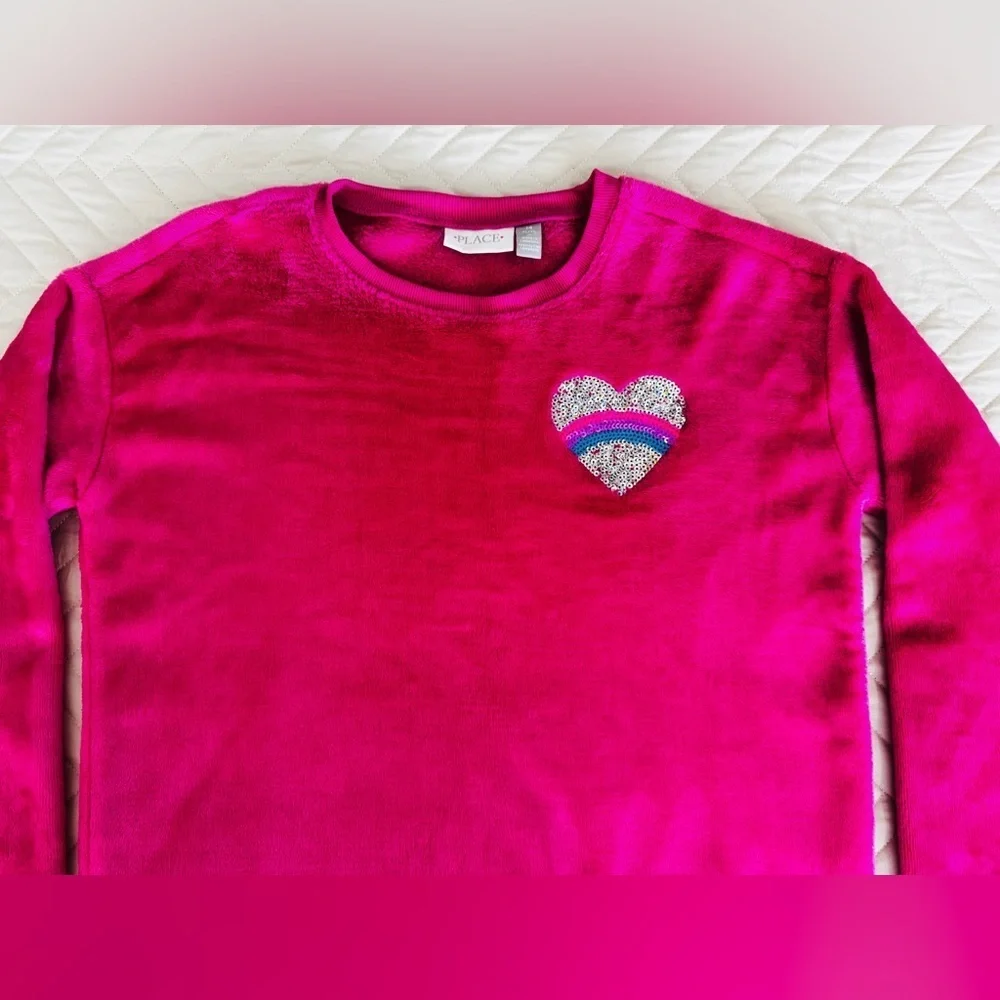 Childrens Place Fuchsia Sequin Heart Furry Sherpa Sweatshirt Top Size XL 14
